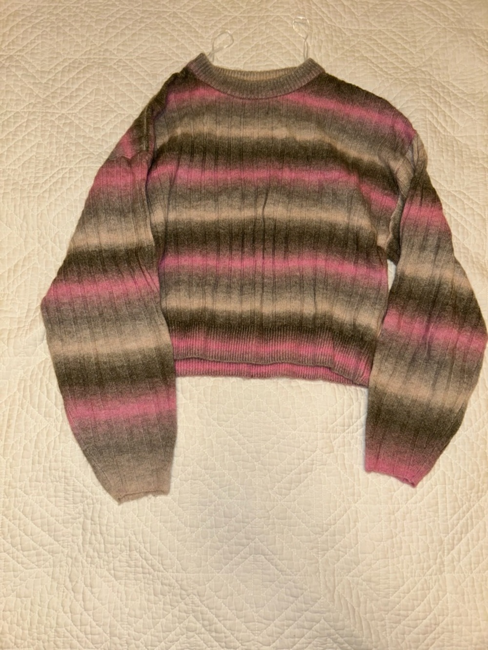 H&M Cropped Crewneck Sweater in Pink and Gray Stripes